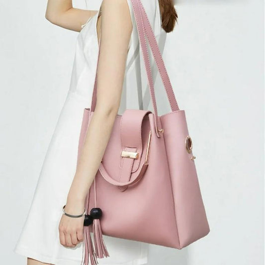 Women's PU Leather Plain Hand Bag Set