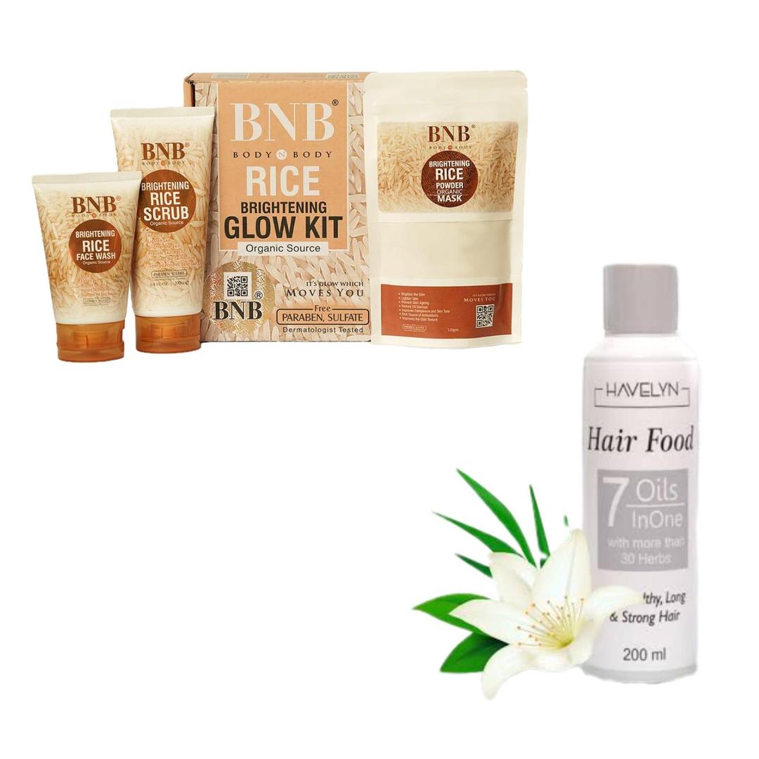 BNB Glow Kit Ultimate 4 in 1 Skincare & Haircare Bundle – 4 Pcs Face Wash, Scrub, Mask & Hair Oil