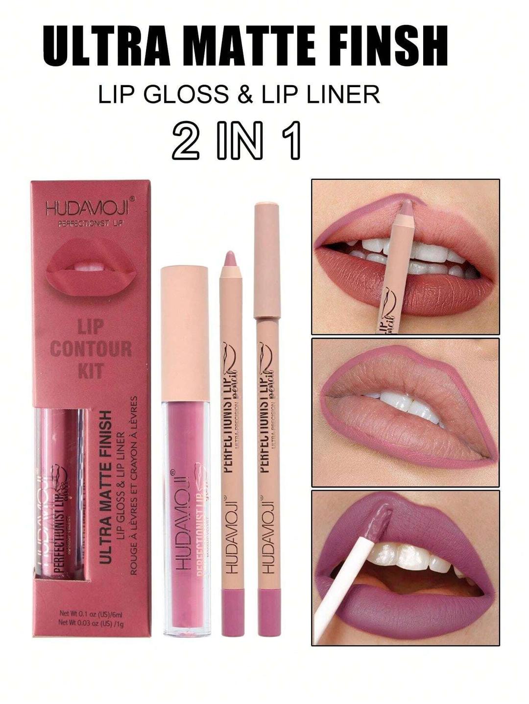 2 IN 1 Lipgloss+Lip Liner Combination, Waterproof Lip Gloss, Sweatproof, Matte Multi-Color Correcting Lip Pencil