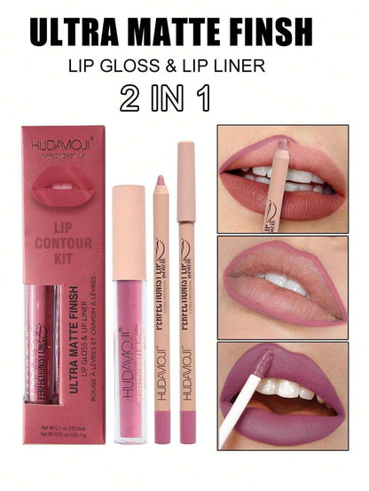 2 IN 1 Lipgloss+Lip Liner Combination, Waterproof Lip Gloss, Sweatproof, Matte Multi-Color Correcting Lip Pencil