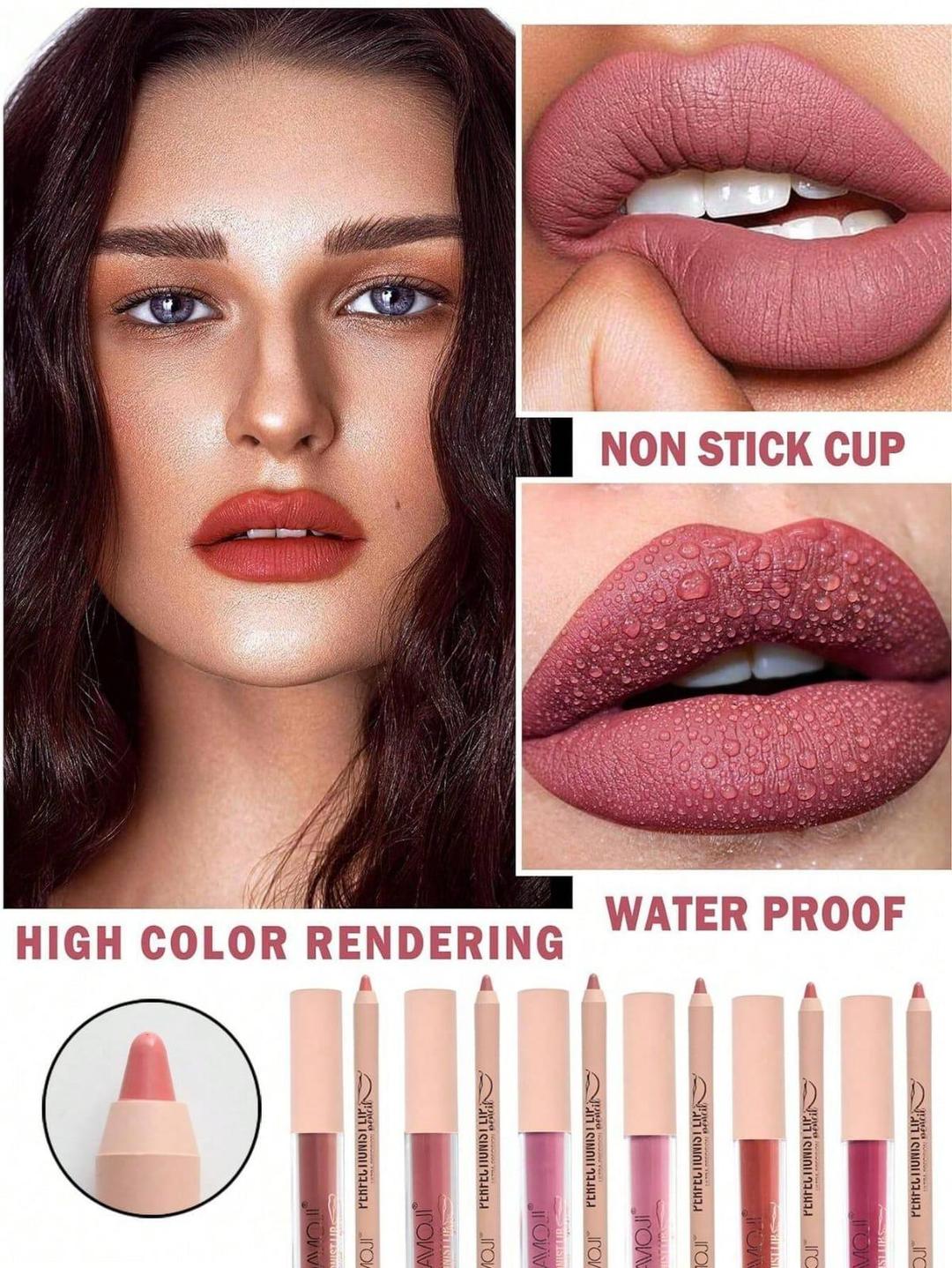 2 IN 1 Lipgloss+Lip Liner Combination, Waterproof Lip Gloss, Sweatproof, Matte Multi-Color Correcting Lip Pencil