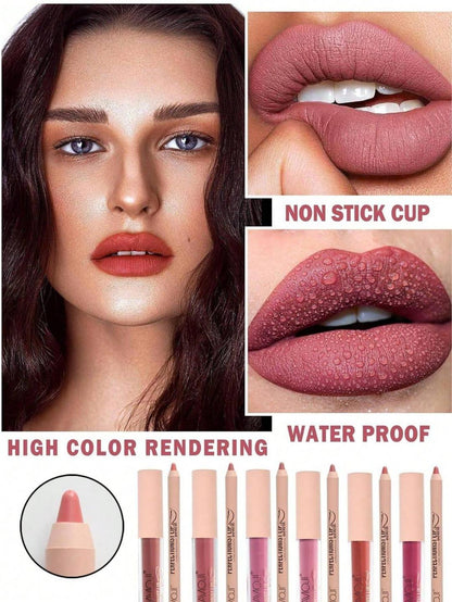 2 IN 1 Lipgloss+Lip Liner Combination, Waterproof Lip Gloss, Sweatproof, Matte Multi-Color Correcting Lip Pencil