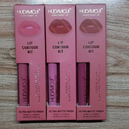 2 IN 1 Lipgloss+Lip Liner Combination, Waterproof Lip Gloss, Sweatproof, Matte Multi-Color Correcting Lip Pencil