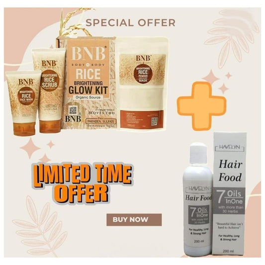 BNB Glow Kit Ultimate 4 in 1 Skincare & Haircare Bundle – 4 Pcs Face Wash, Scrub, Mask & Hair Oil