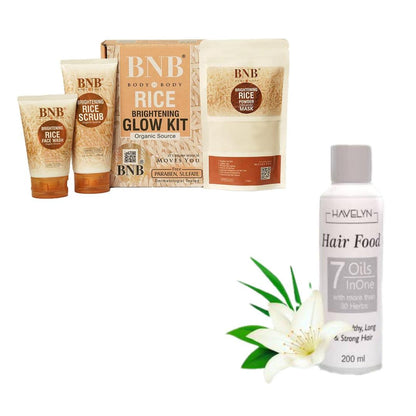 BNB Glow Kit Ultimate 4 in 1 Skincare & Haircare Bundle – 4 Pcs Face Wash, Scrub, Mask & Hair Oil