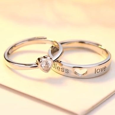 Love Heart Design Silver Plated Couple's Rings - 2 Pcs Adjustable Set