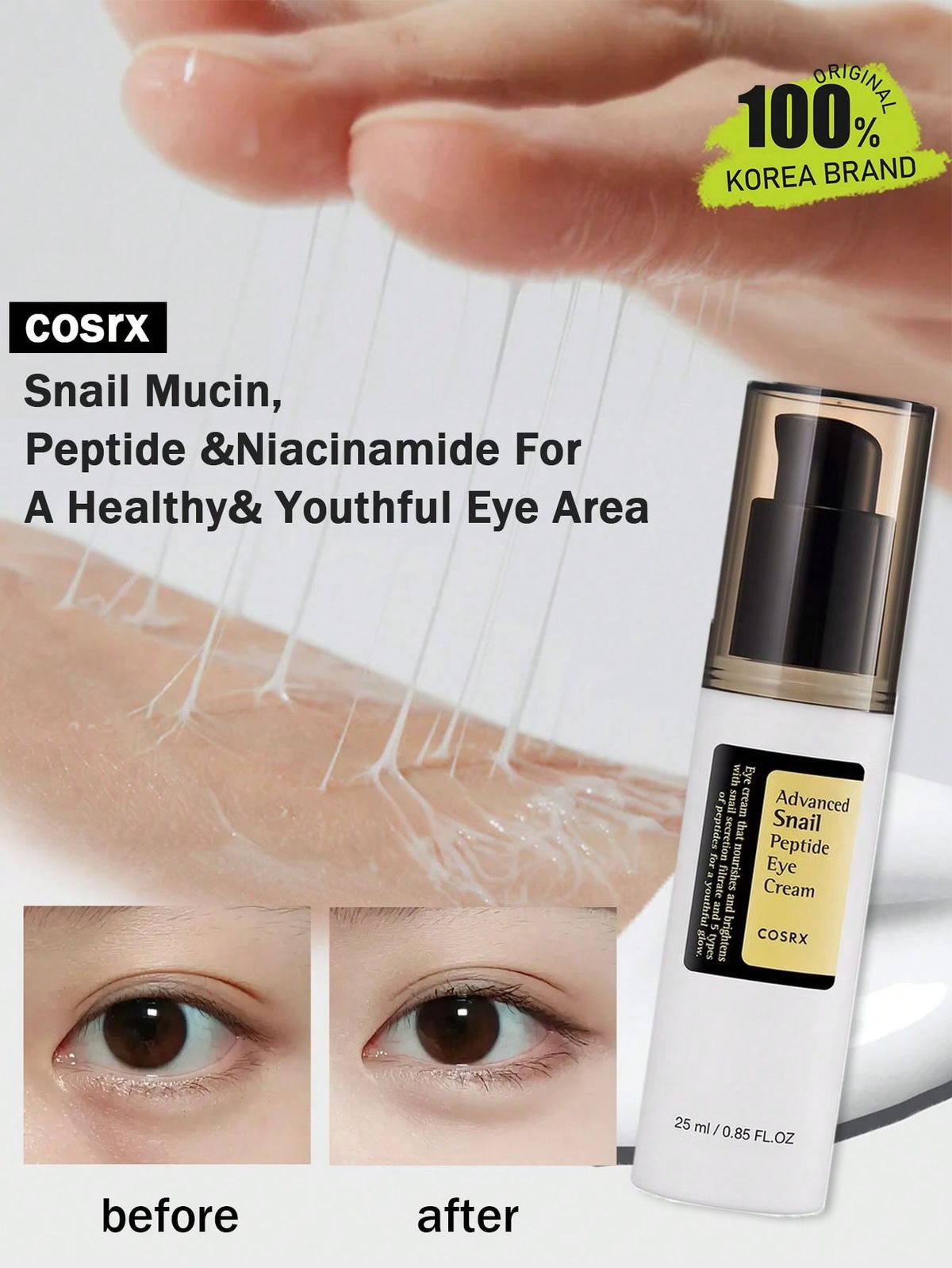 COSRX Snail Peptide Eye Cream with 73.7% Snail Mucin and Niacinamide - Brightening Korean Night Cream for Fine Lines and Dark Circles